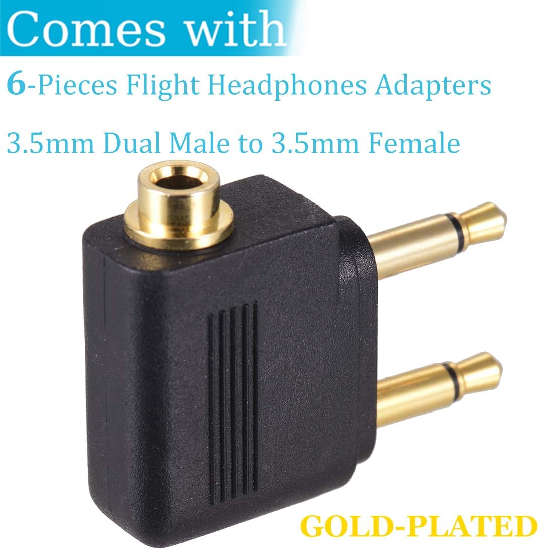 6 Pack Airplane Airline Headphones Adapter Gold Plated for Headsets,3.5mm Dual Male to 3.5mm Female Jack Connectors Converters - Image 2