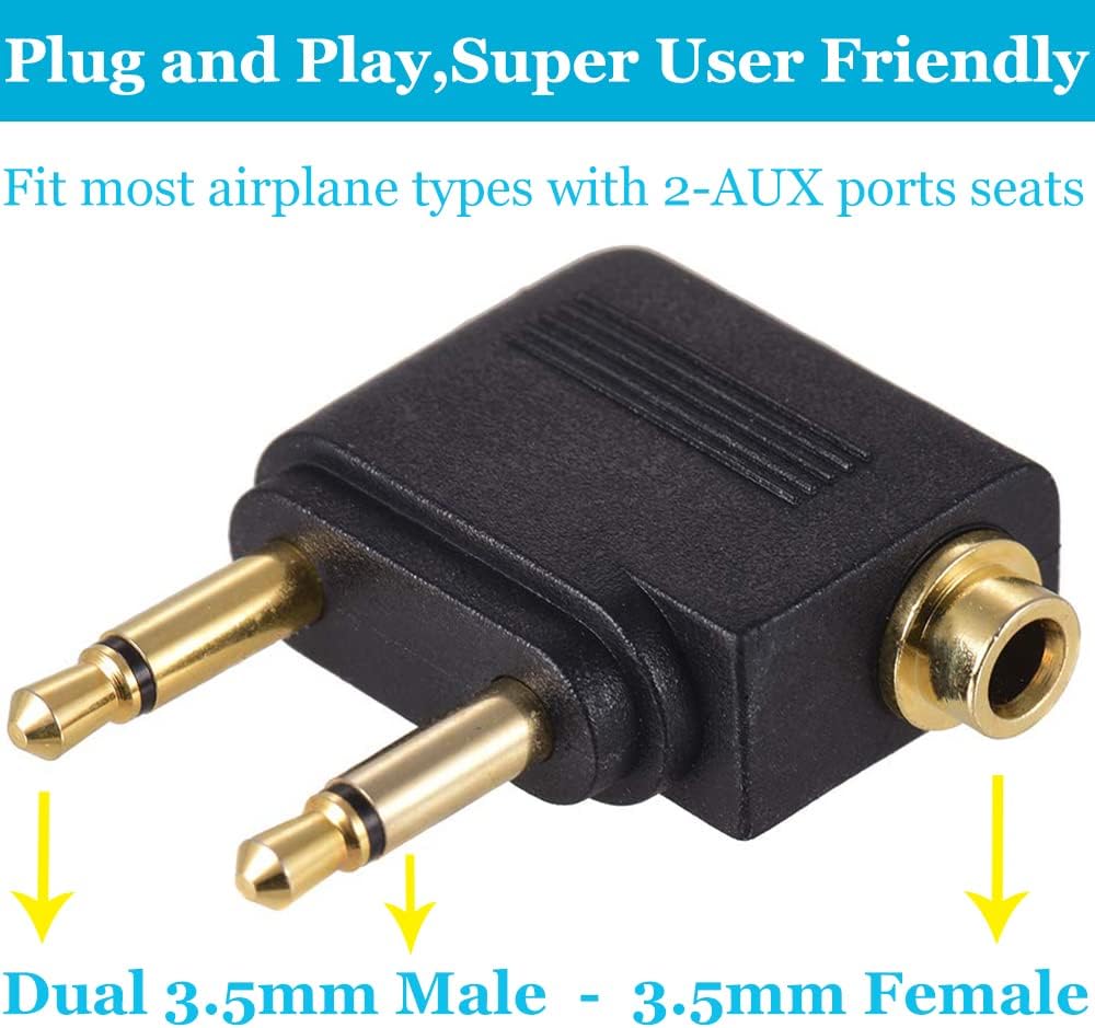 6 Pack Airplane Airline Headphones Adapter Gold Plated for Headsets,3.5mm Dual Male to 3.5mm Female Jack Connectors Converters - Image 3