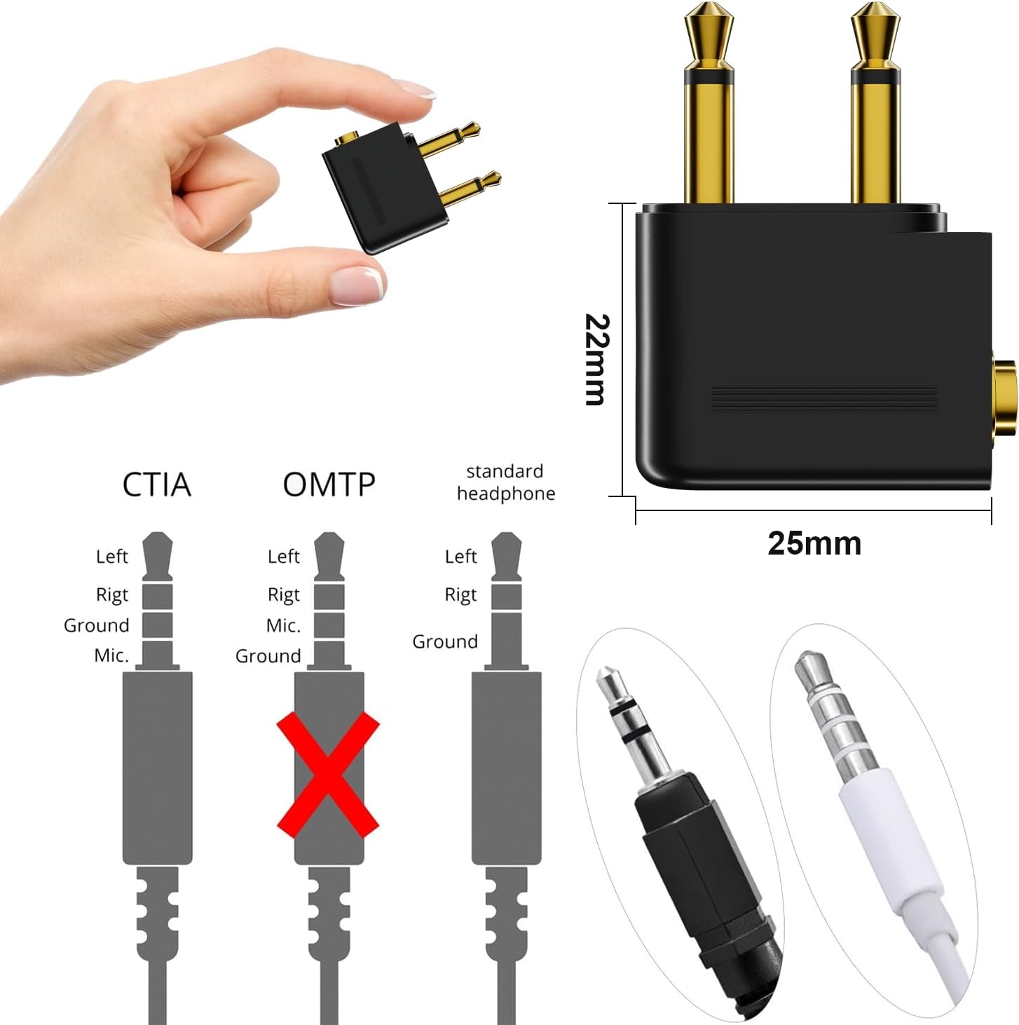 Airplane Headphone Adapter, Gold Plated Dual 3.5mm Male to 3.5mm Female Airplane Headphone Adapter for Audio Jack to Plug Air Plane Flight Connector Dual Socket Earphone - 3pack - Image 3