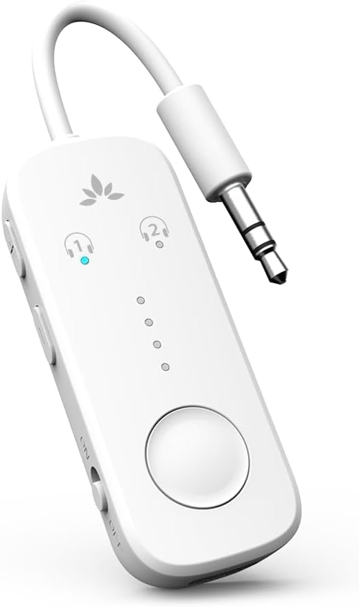 Avantree Relay - Premium Airplane Bluetooth 5.3 Adapter, Supports 2 AirPods or Headphones with aptX Low Latency, 3.5mm AUX Wireless Audio Transmitter for in-Flight Travel, TV, Gym, Tablets