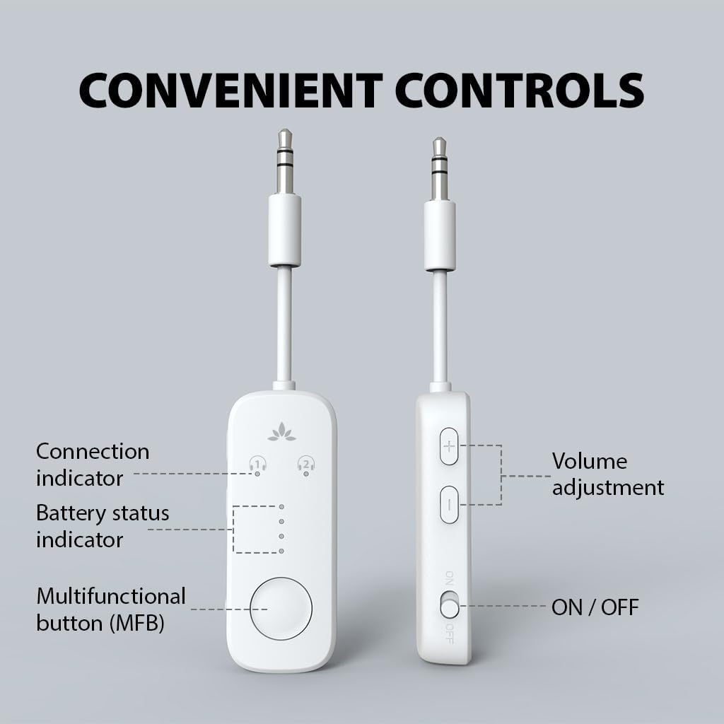 Avantree Relay - Premium Airplane Bluetooth 5.3 Adapter, Supports 2 AirPods or Headphones with aptX Low Latency, 3.5mm AUX Wireless Audio Transmitter for in-Flight Travel, TV, Gym, Tablets - Image 5