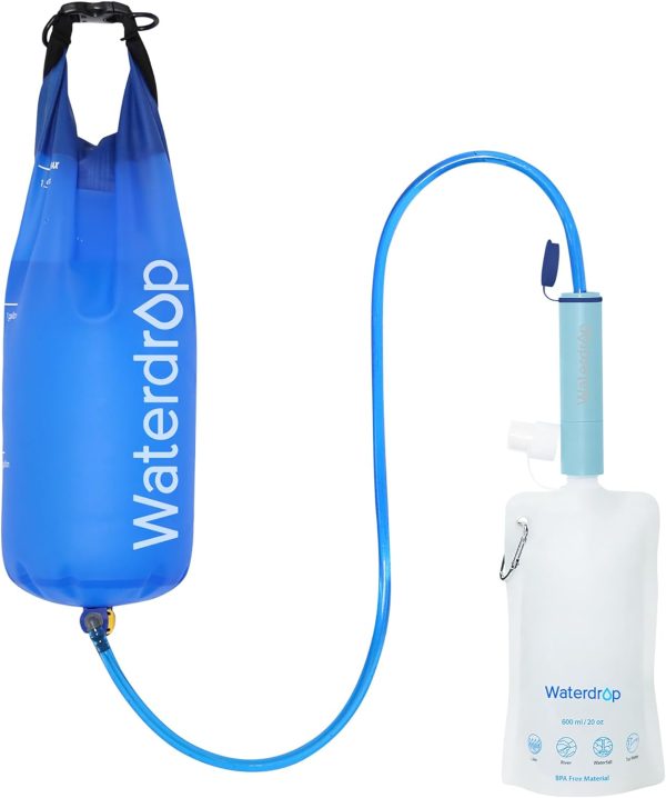Waterdrop Gravity Water Filter Straw, Camping Water Filtration System, Water Purifier Survival for Travel, Backpacking and Emergency Preparedness, 1.5 gal Bag, 0.1 Micron, Light Blue