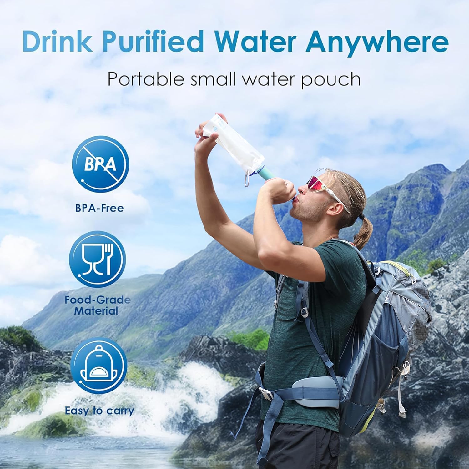 Waterdrop Gravity Water Filter Straw, Camping Water Filtration System, Water Purifier Survival for Travel, Backpacking and Emergency Preparedness, 1.5 gal Bag, 0.1 Micron, Light Blue - Image 6