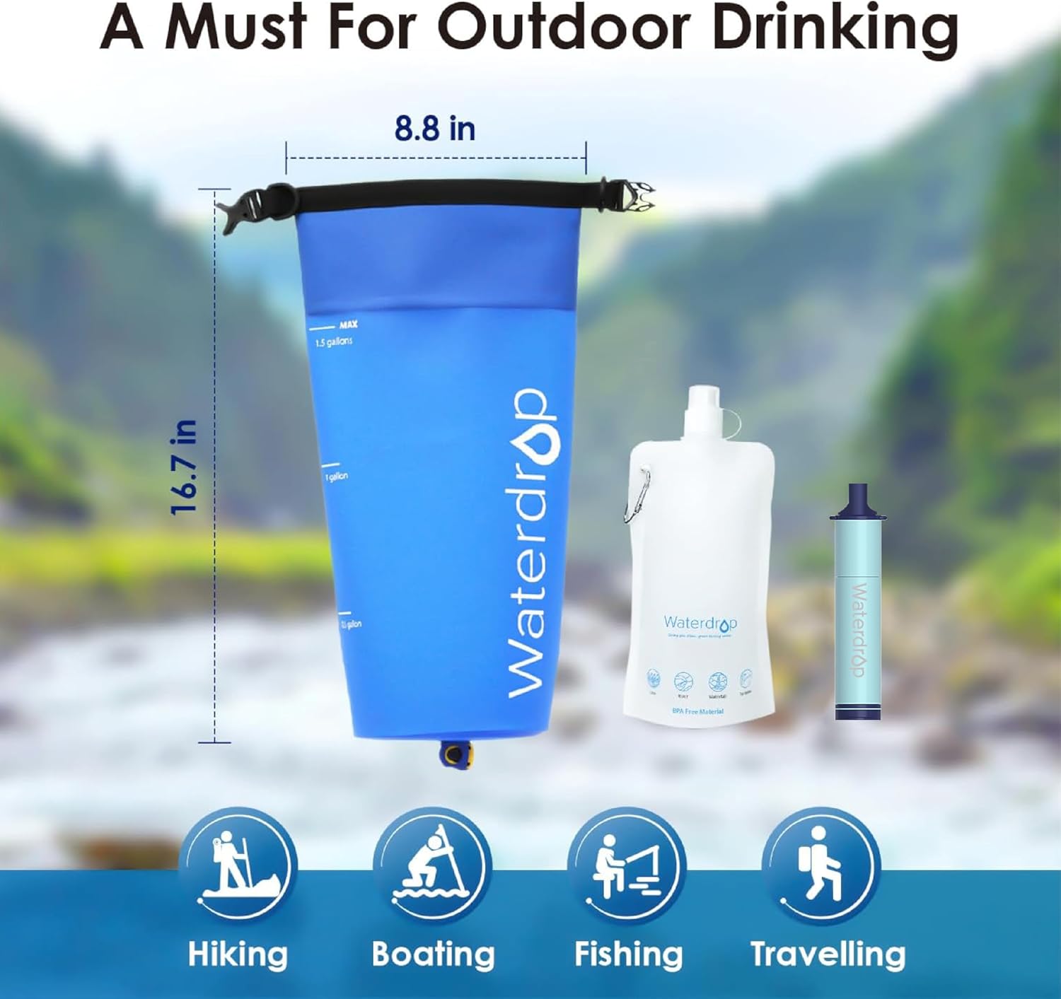 Waterdrop Gravity Water Filter Straw, Camping Water Filtration System, Water Purifier Survival for Travel, Backpacking and Emergency Preparedness, 1.5 gal Bag, 0.1 Micron, Light Blue - Image 8